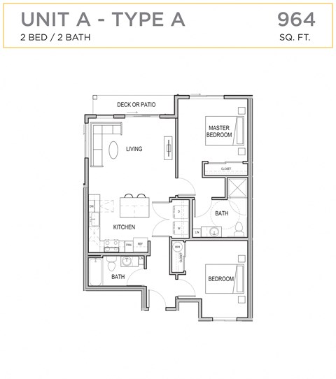 Floor plan for 2 beds, 2 baths, 964 sqft